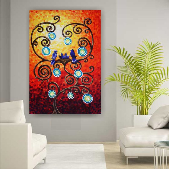 Tree of life family blue birds nest B070 Large orange expressionist painting 110x160 cm unstretched canvas art