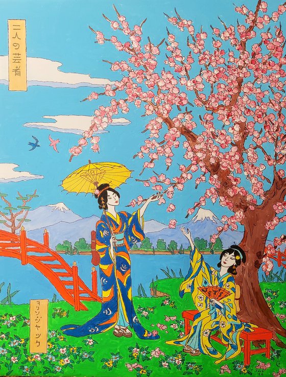 two geishas by blossom tree