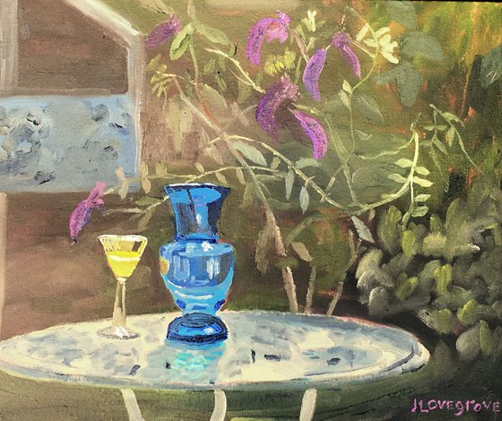 Garden Still Life - An original painting of antiques in the garden. Unframed