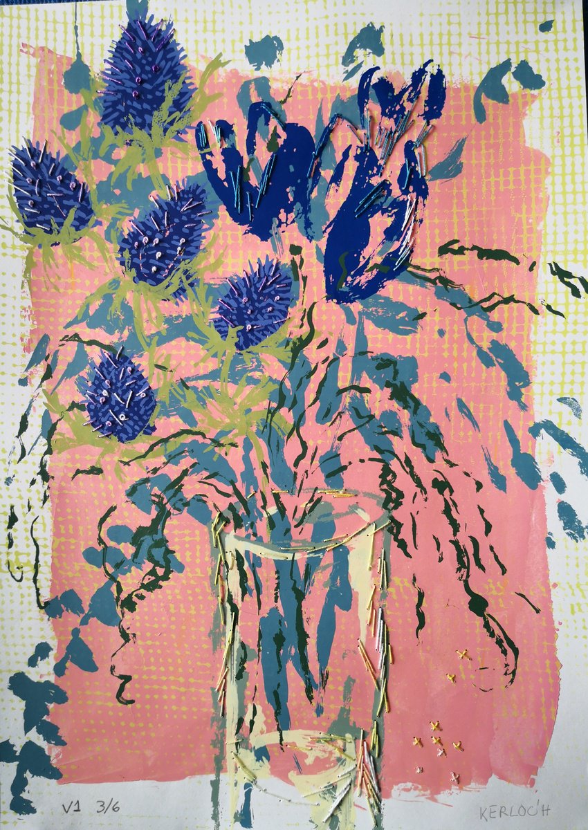 Expressive Botanical Screenprint By Anyck Alvarez Kerloch, 13 X 18, Blue Thistle And Tulips, Original Artwork