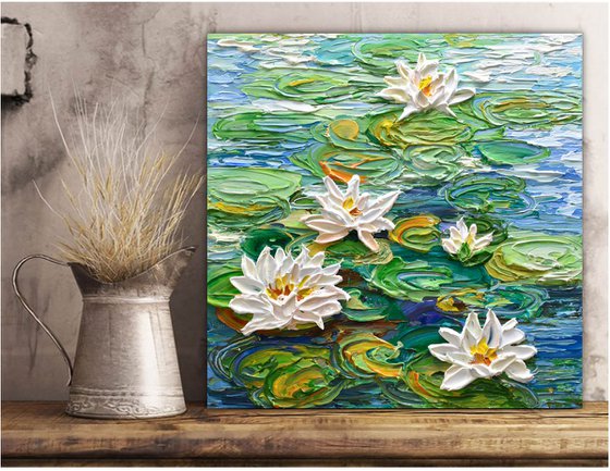 Water Lilies Pond III - Impasto Floral Art, Palette Knife Painting