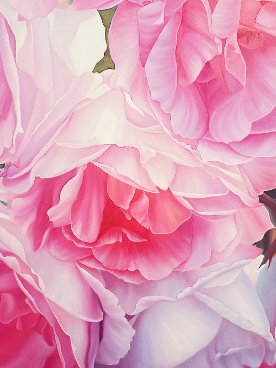 "Pink roses", floral realistic painting