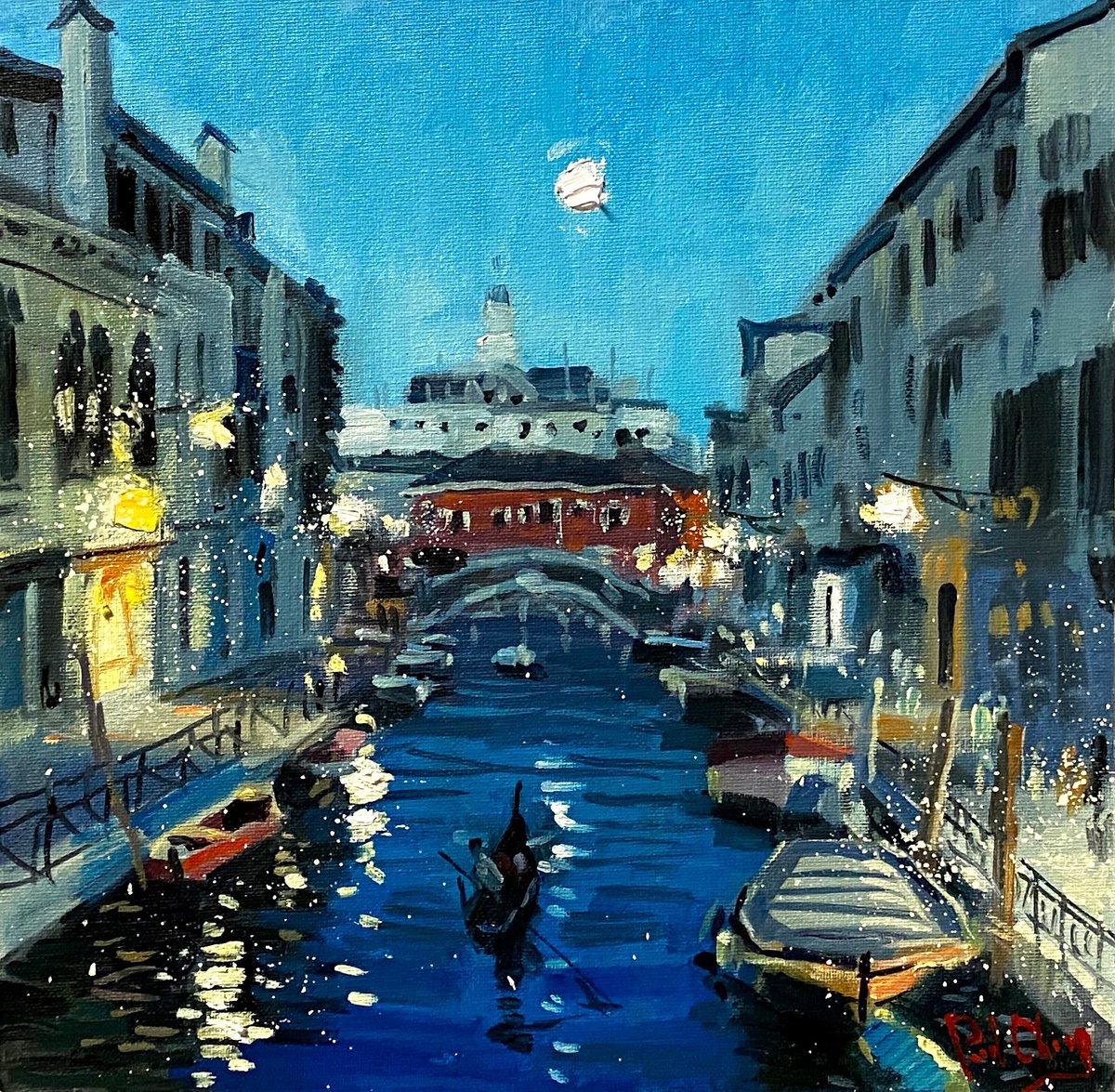 Impressionistic Cityscapes Oil Painting By Paul Cheng, 12 X 12", Venice Night #1, Original Artwork