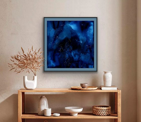 "Depth of Space" abstract dark blue watercolour with white dots constellations