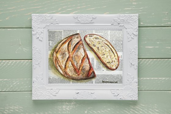 "Bread Loaf on Newspaper" Original Oil on Canvas Board Painting 12 by 10 inches (30x25 cm)