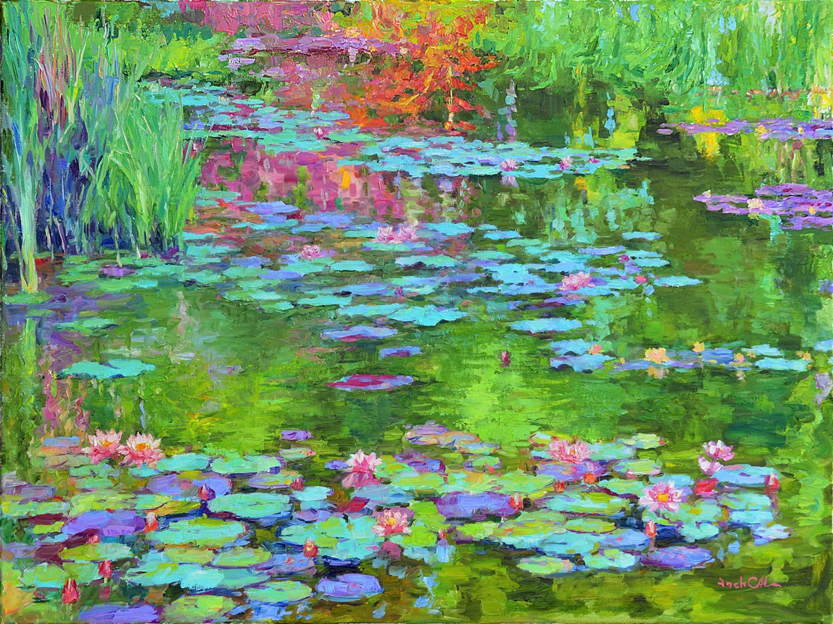 Impressionistic Landscape Oil Painting By Vachagan Manukyan, 31 X 24", Water Lilies, Original Artwork