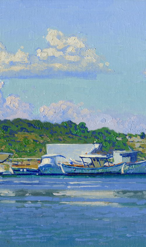 Boats in the port of Kato Achaia by Simon Kozhin