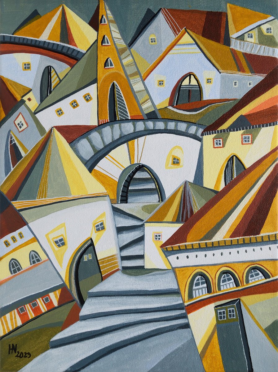 Geometric Cityscapes Acrylic Painting By Aniko Hencz, 12 X 16, In The Circus City, Original Artwork