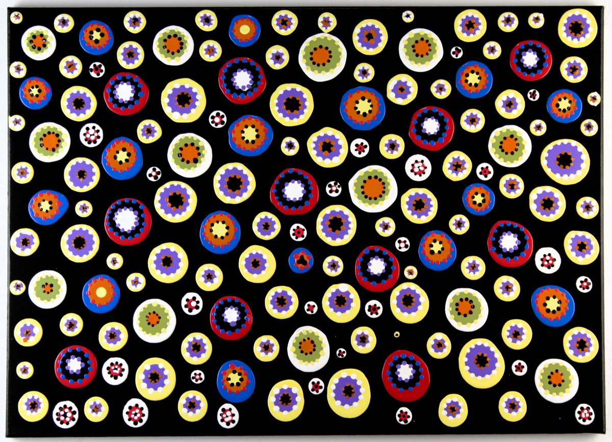 Geometric Abstract Acrylic Painting By Alessandro Butera, 28 X 20, Colored Candies - Black, Original Artwork