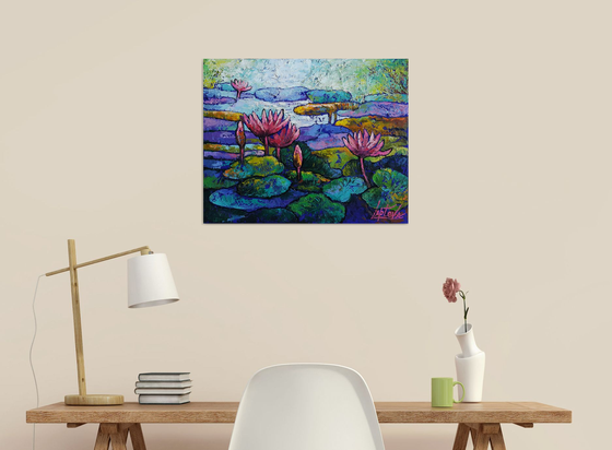 Painting Pink lilies in the pond, landscape