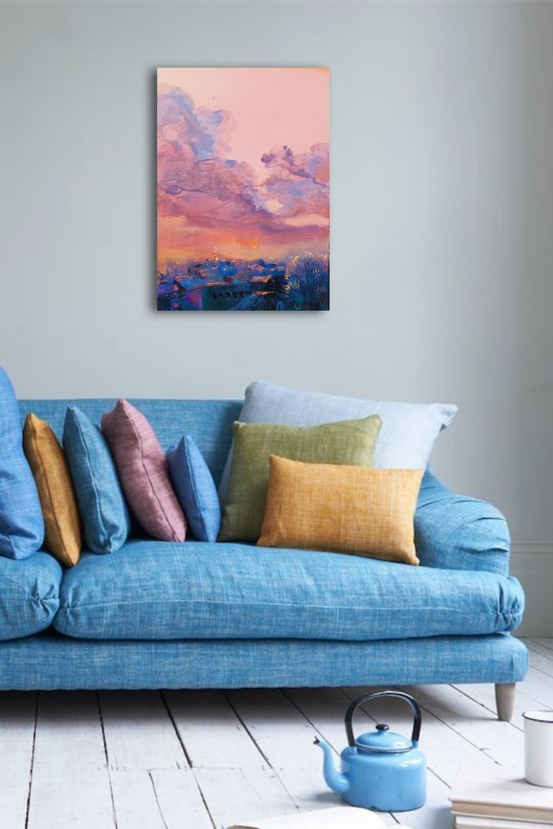 Expressive Landscape Acrylic Painting By Anna Silabrama, 20 X 28, - ?Evening In The City - ?, Original Artwork