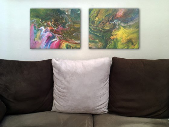 "The Road To Enlightenment" - Original PMS Abstract Diptych Fluid Acrylic Paintings On Canvas - 40" x 16"