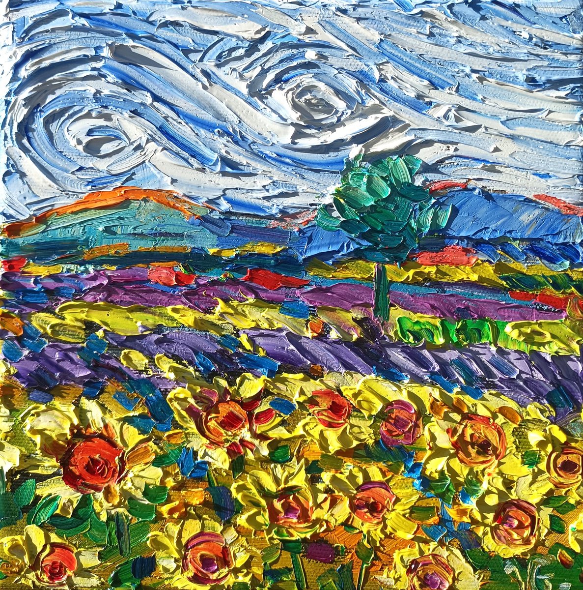 Impressionistic Botanical Oil Painting By Vanya Georgieva, 8 X 8", Art Gift Box - Sunflowers Field, Original Artwork
