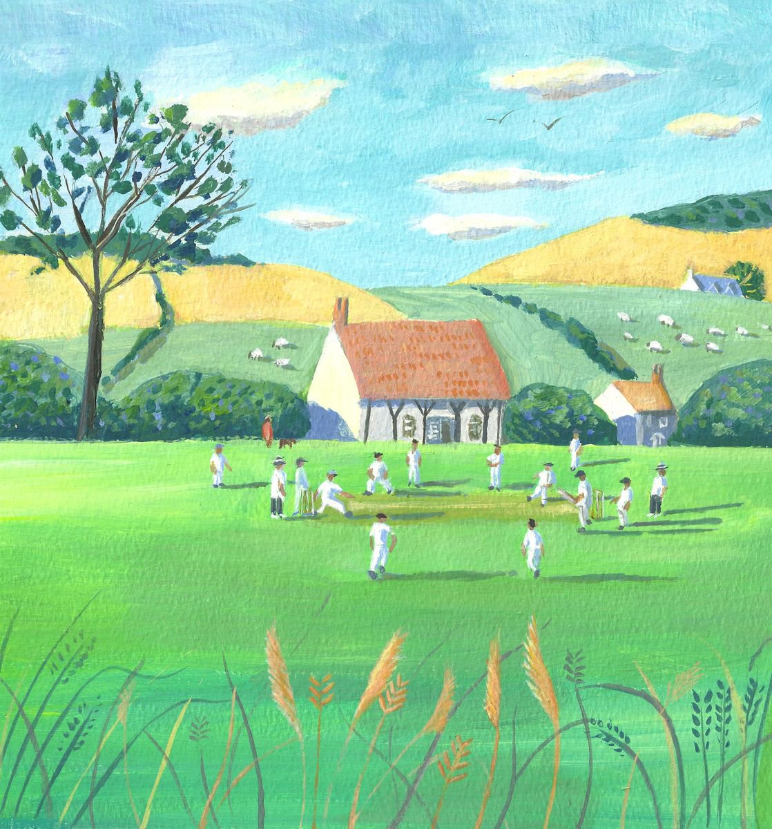 Illustrative Portrait Acrylic Painting By Mary Stubberfield, 11 X 11", The Cricket Match, Original Artwork