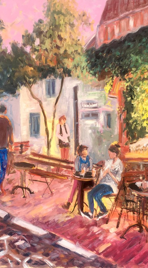 Night cafe at South Tel Aviv, Israeli original art by Leo Khomich