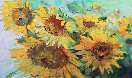 Sunflowers on the green. Etude. Original oil painting