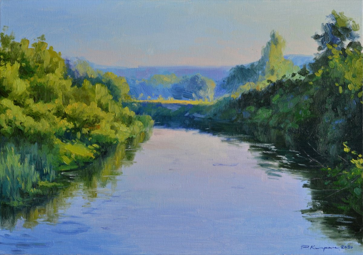 Impressionistic Landscape Oil Painting By Ruslan Kiprych, 20 X 14", Evening By The River, Original Artwork