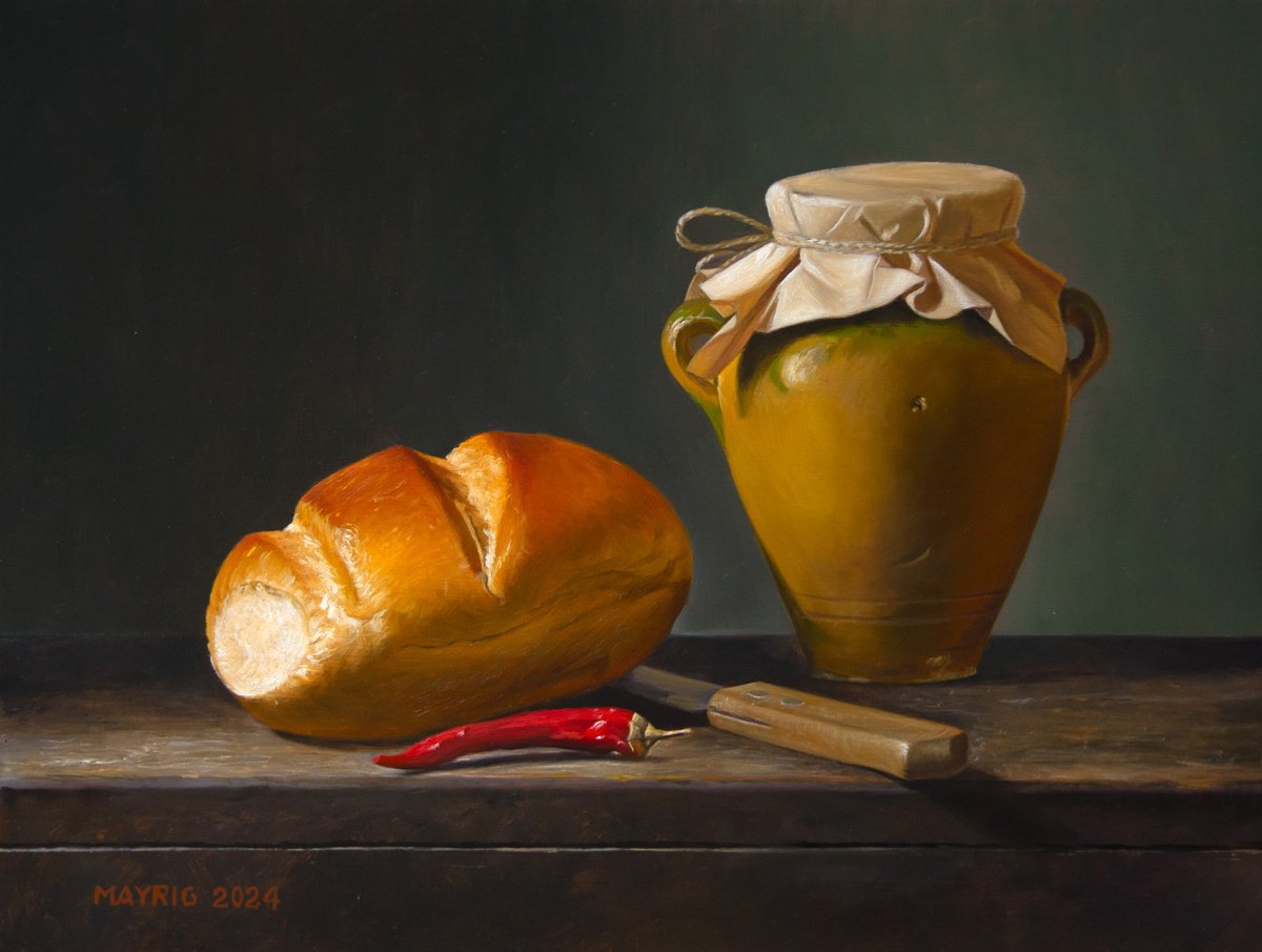 Photorealistic Still Life Oil Painting By Mayrig Simonjan, 16 X 12", Bread And Butter, Original Artwork