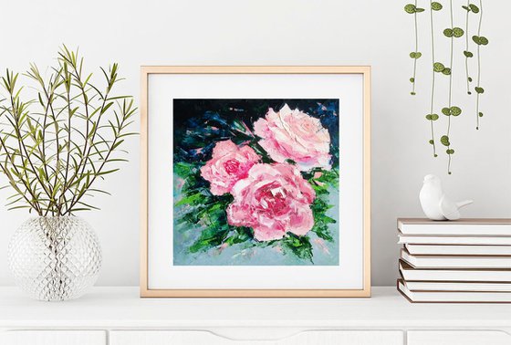 Pink Roses Painting Original Art Small Floral Wall Art Rose Flower Artwork Palette Knife 8 by 8