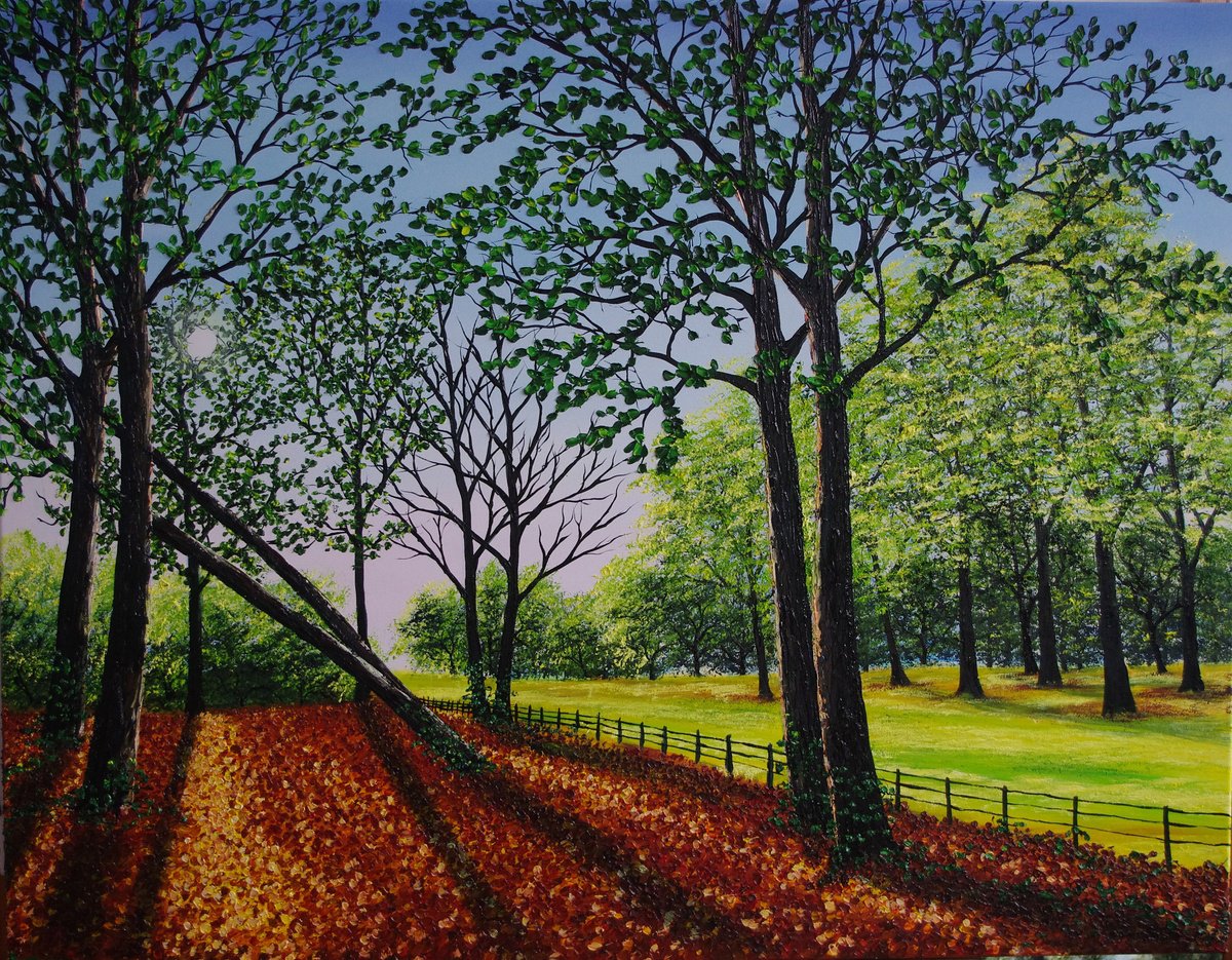 Impressionistic Landscape Oil Painting By Hazel Thomson, 36 X 28, Early Autumn Afternoon, Original Artwork