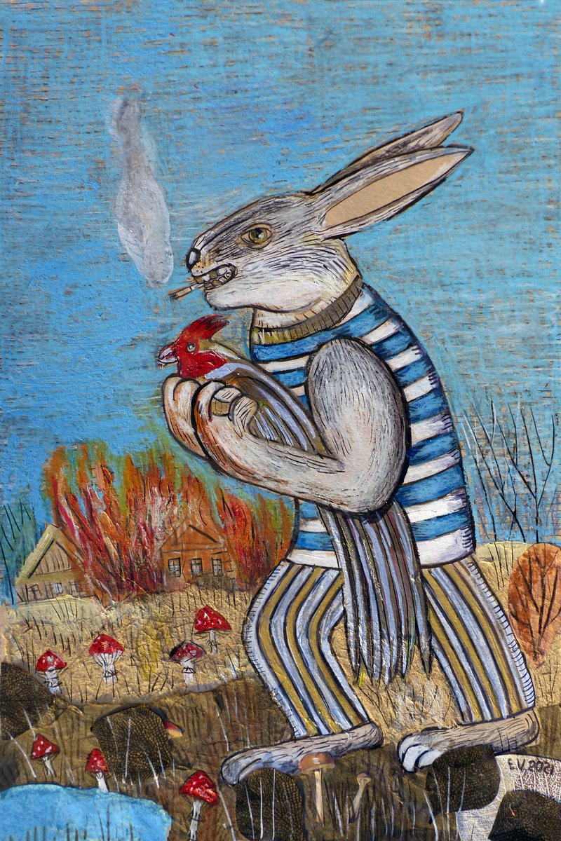 Surrealistic Animal Painting By Elizabeth Vlasova, 12 X 18, Fire And Smoke, Original Artwork