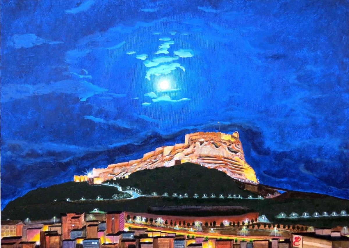 Photorealistic Cityscapes Acrylic Painting By Dmytro Yeromenko, 28 X 20, Night Santa - Barbara In Alicante, 70*50, Artfinder
