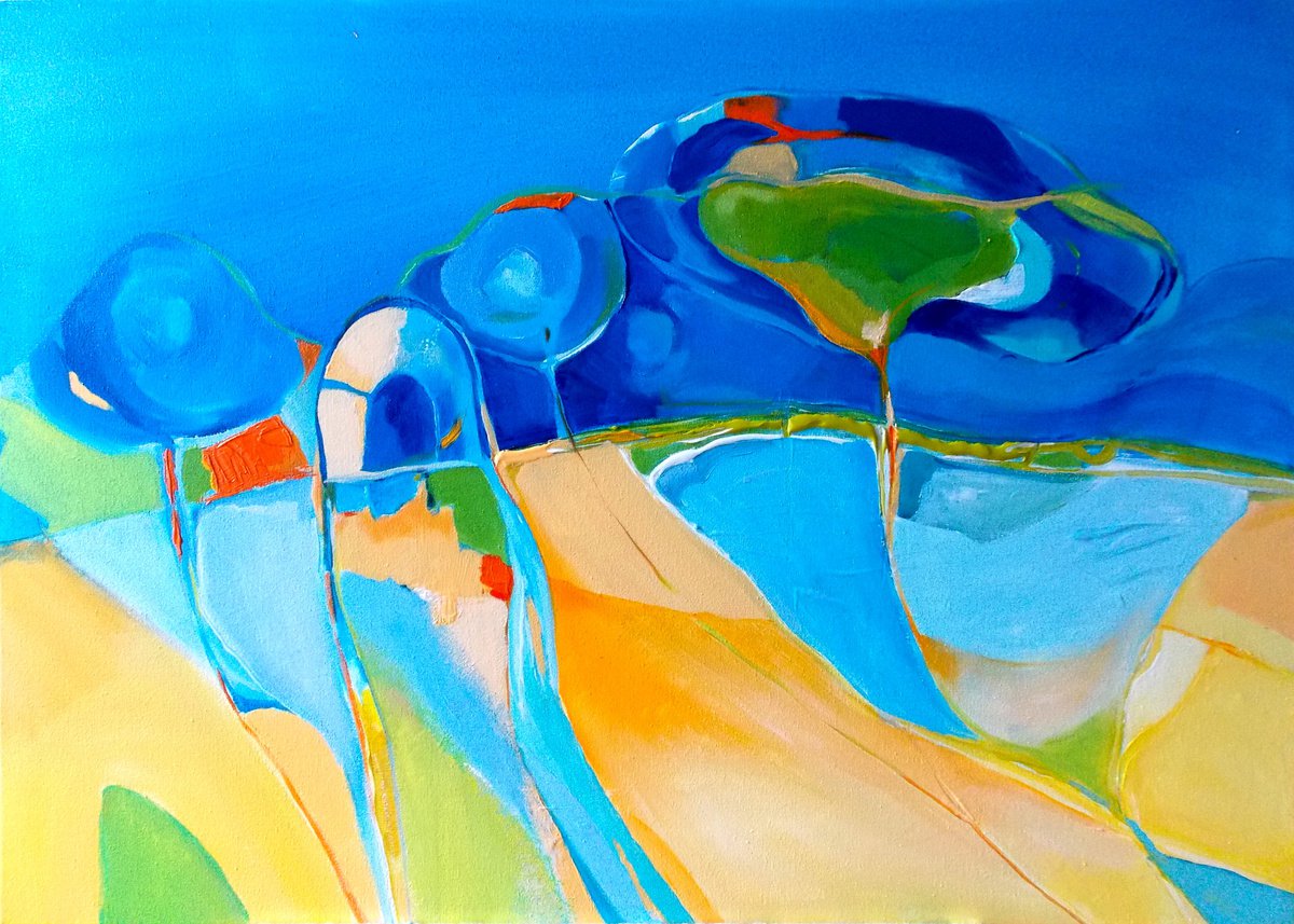 Organic Landscape Acrylic Painting By Maria Paunova, 28 X 20", Walk In The Blue Forest, Original Artwork