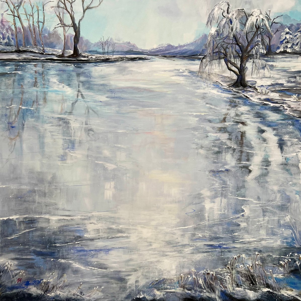 Impressionistic Landscape Oil Painting By Sandra Gebhardt-Hoepfner, 39 X 39", Winter Is Coming, Original Artwork