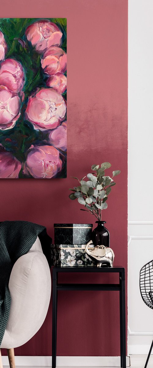 Blossoming Splendor: Pink Peonies Oil on Linen Canvas by VICTO
