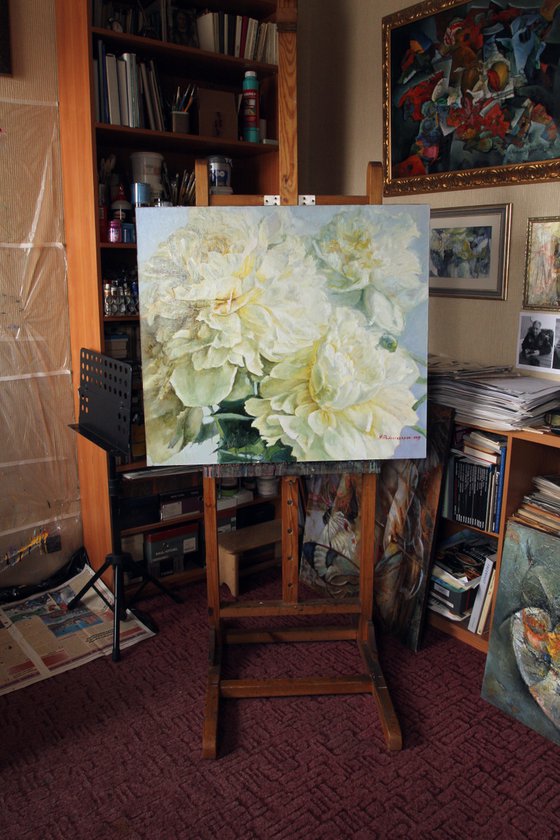 Three white peonies 90x80