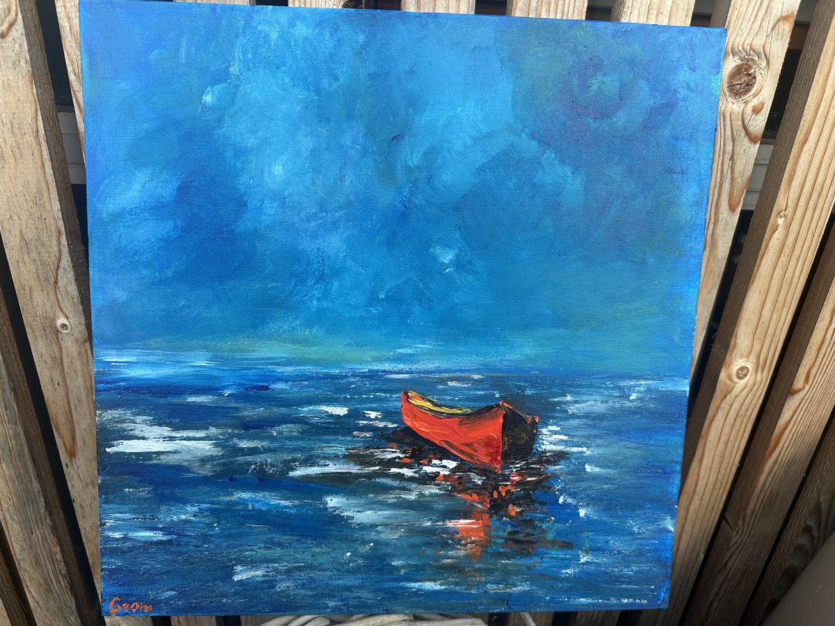 Impressionistic Landscape Acrylic Painting By Oksana Fedorova, 16 X 16", Red Boat Seascape, Original Artwork