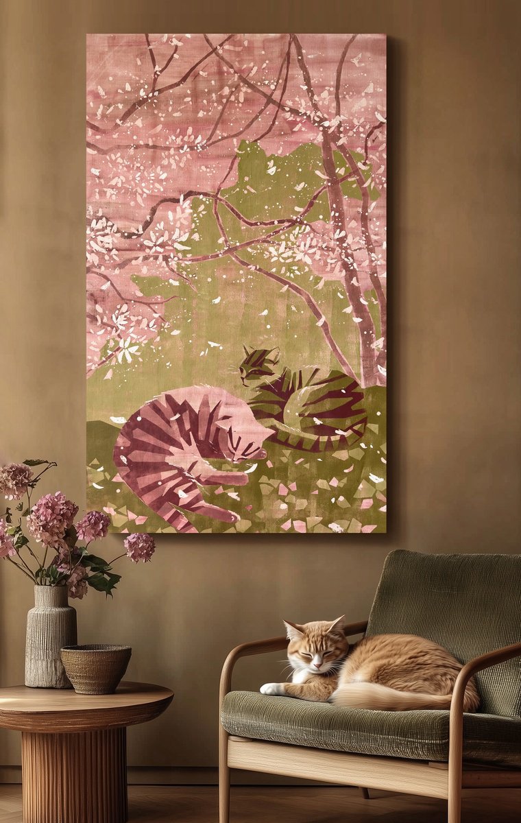 Impressionistic Landscape Acrylic Painting By Ekaterina Prisich, 35 X 59, Cats Under The Cherry Blossoms, Original Artwork