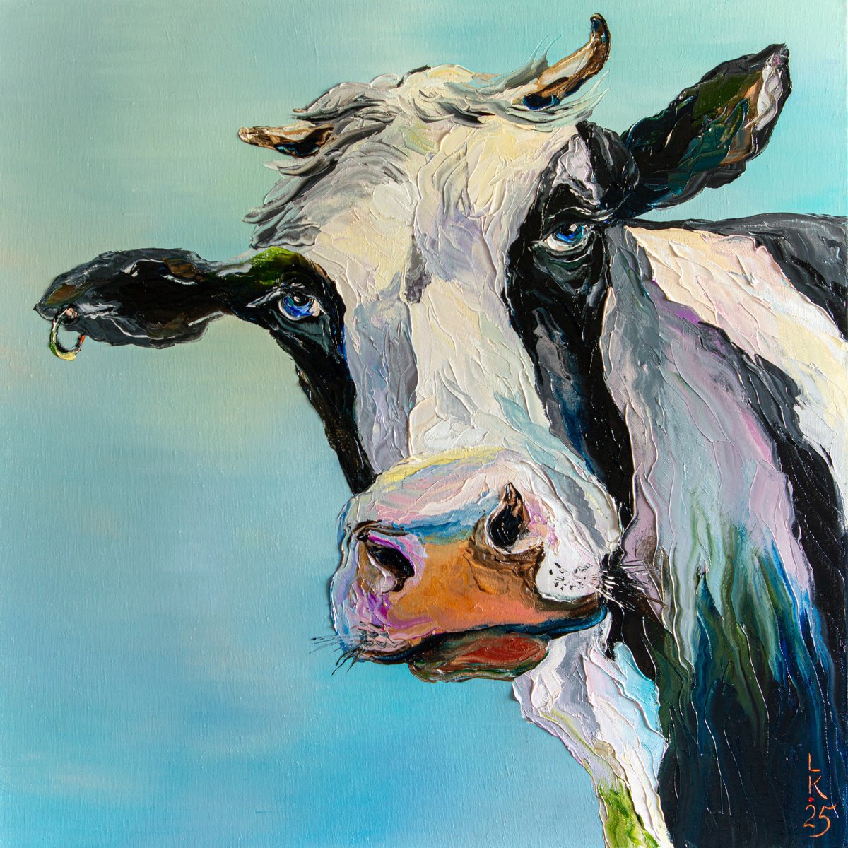 Expressive Animal Oil Painting By Liubov Kuptsova, 24 X 24", Blue-Eyed Beauty, Original Artwork