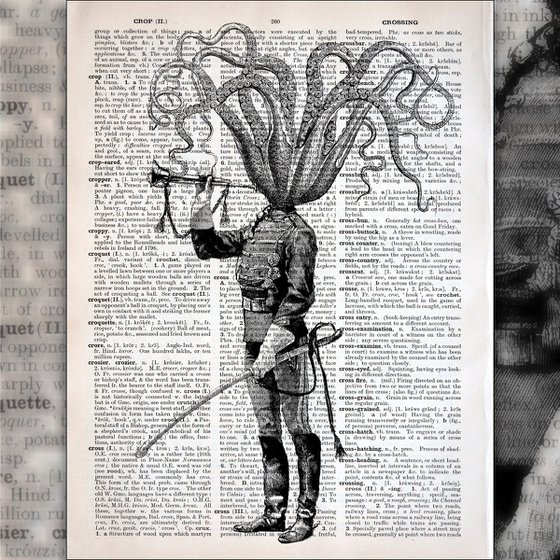 Octopus Soldier - Collage Art Print on Large Real English Dictionary Vintage Book Page