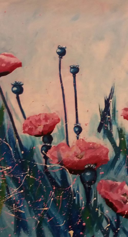 Soroptomist Poppies in the wind (LARGE PAINTING) by Marjory Sime