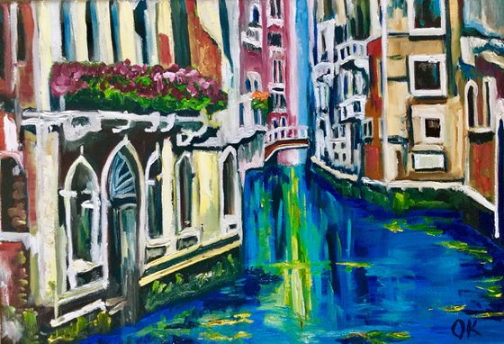 VENICE CANAL BRIDGE. PALETTE KNIFE OIL PAINTING. OFFICE URBAN WALL ART