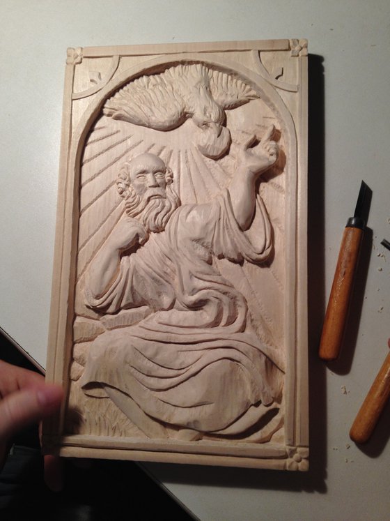 "Prophet Elijah" original, one-of-a-kind wood curved relief (7.2x12x1")