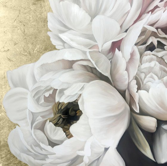 "Golden Silk Peonies" White gold peonies art