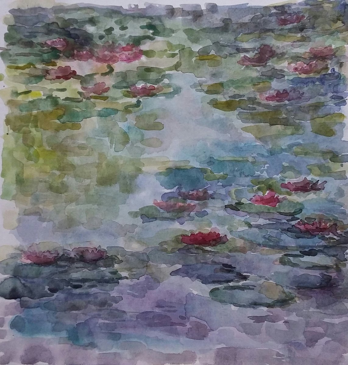 Impressionistic Landscape Drawing By Elena Klyan, 10 X 11, Water Lilies Original, Original Artwork