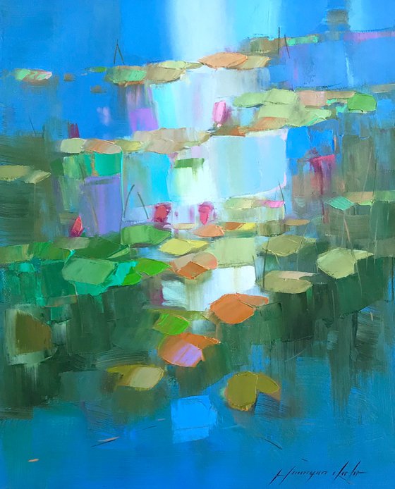 Waterlilies, Original oil Painting, Handmade artwork by palette knife