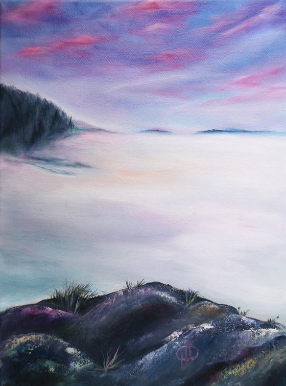 Infinity and Soul, oil painting, original gift, home decor, Bedroom, Living Room, Lake, Mountains, Sunset, Horizon, Calm, Fog, Tree, Meditation, Triptych