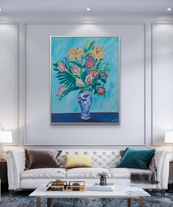 Tropical Bouquet in a Blue and White Vase