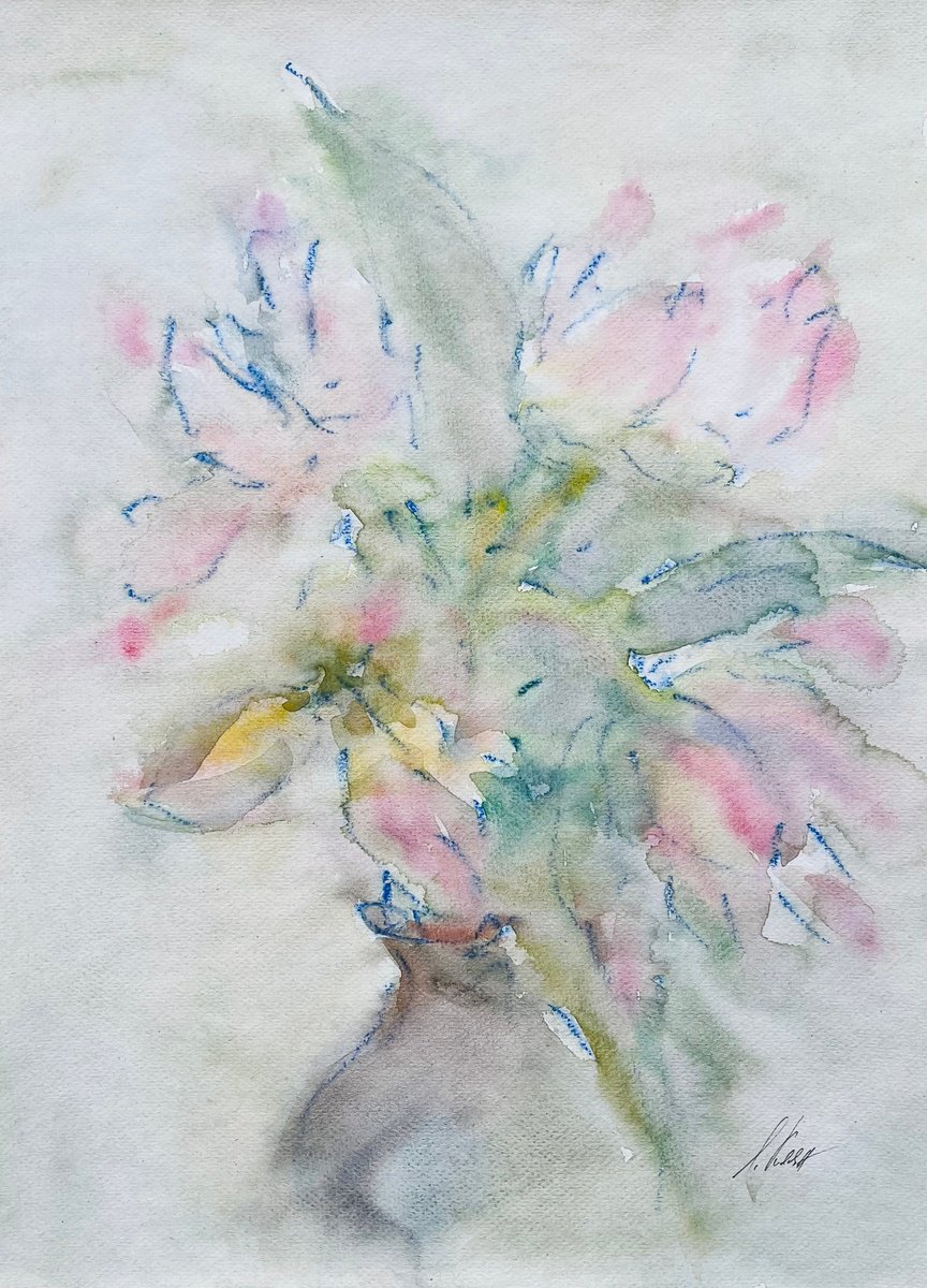 Impressionistic Still Life Watercolour By Elena Klyan, 12 X 16, Tulips 5 2024, Original Artwork