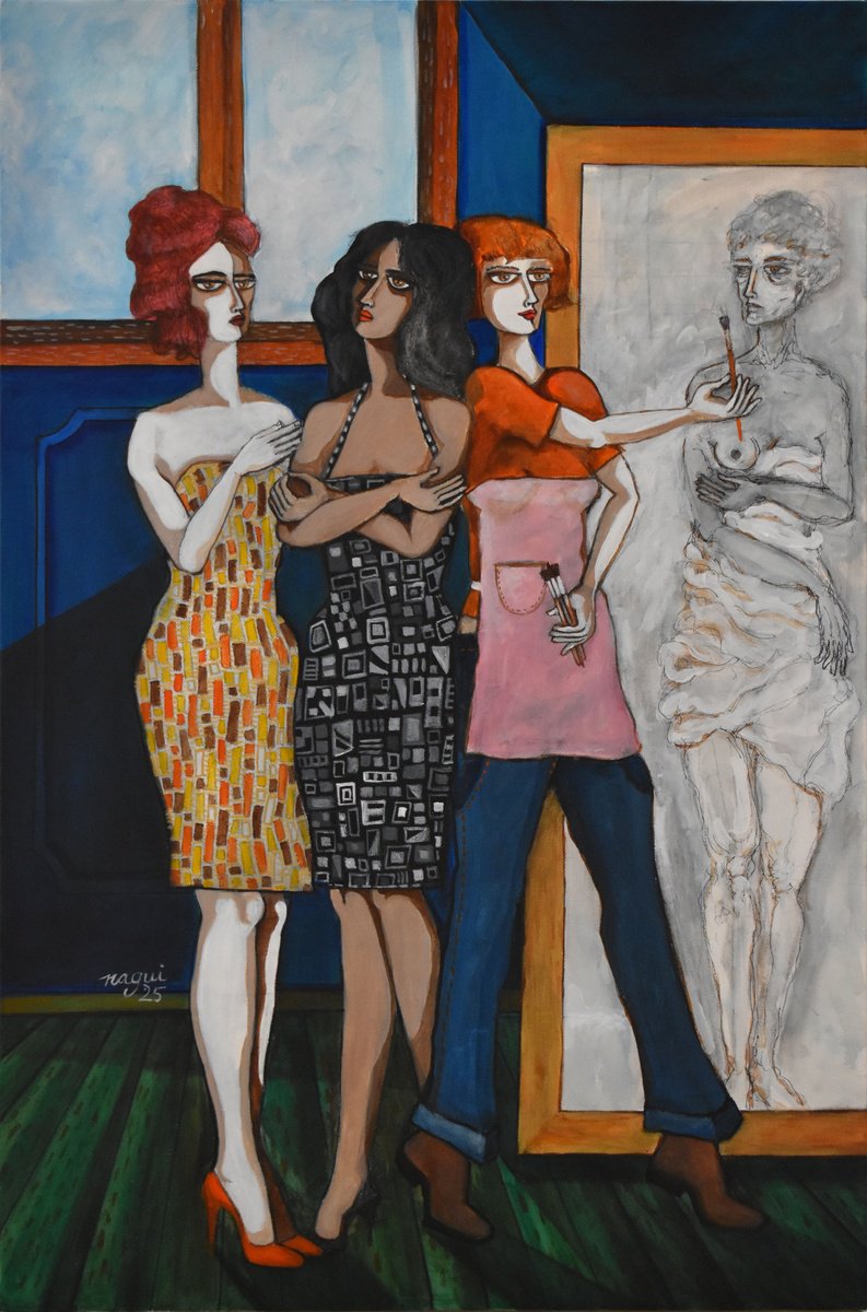 Expressive Portrait Acrylic Painting By Nagui, 24 X 36", Studio, Original Artwork