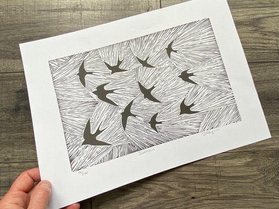 Linocut: Swallows 91/100