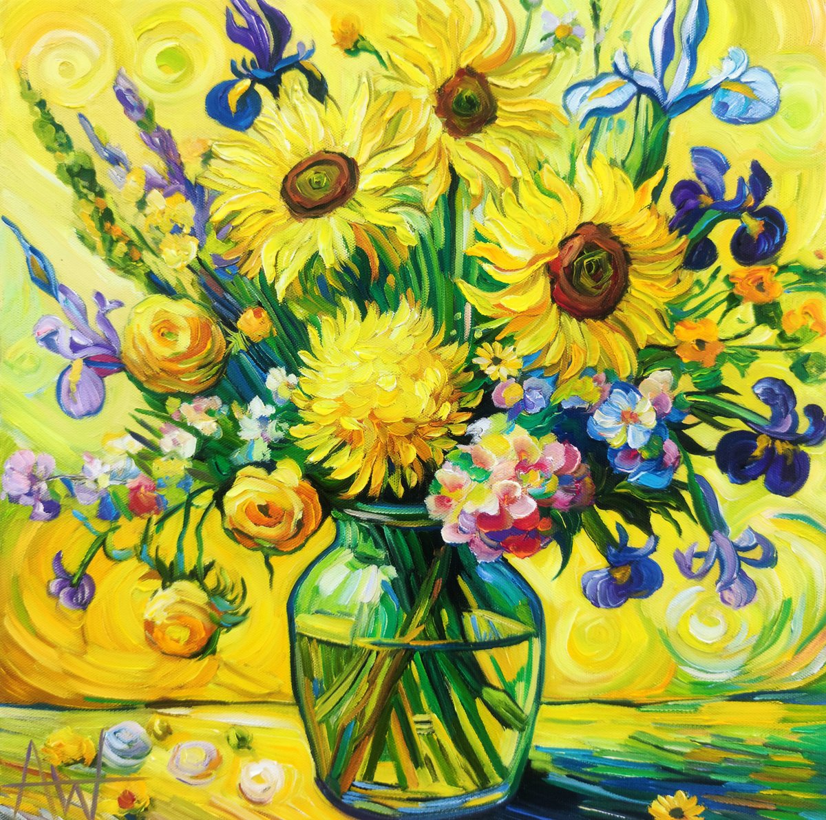 Impressionistic Botanical Oil Painting By Angie Wright, 16 X 16, Sunbeam Bouquet, Original Artwork