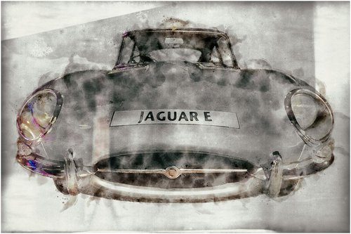 Jaguar E-Type - Large Watercolour and Vintage Plate Stylised Giclée Print by Jakub DK - JAKUB D KRZEWNIAK
