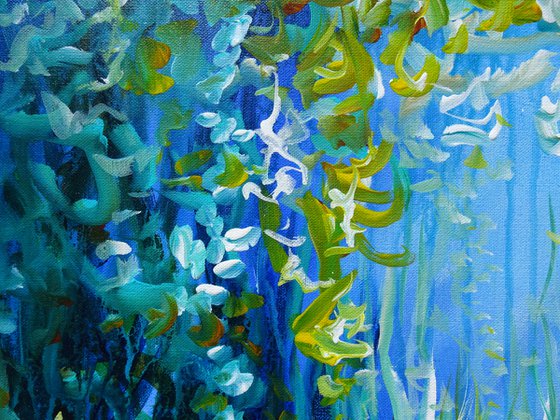 Floral Landscape Painting Abstract Flowers Forest Pond Water Reflection. Large Blue Contemporary Painting Modern Impressionistic Art