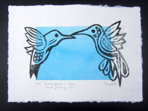 Hummingbirds in Love (Linocut) by Violeta Damjanovic-Behrendt