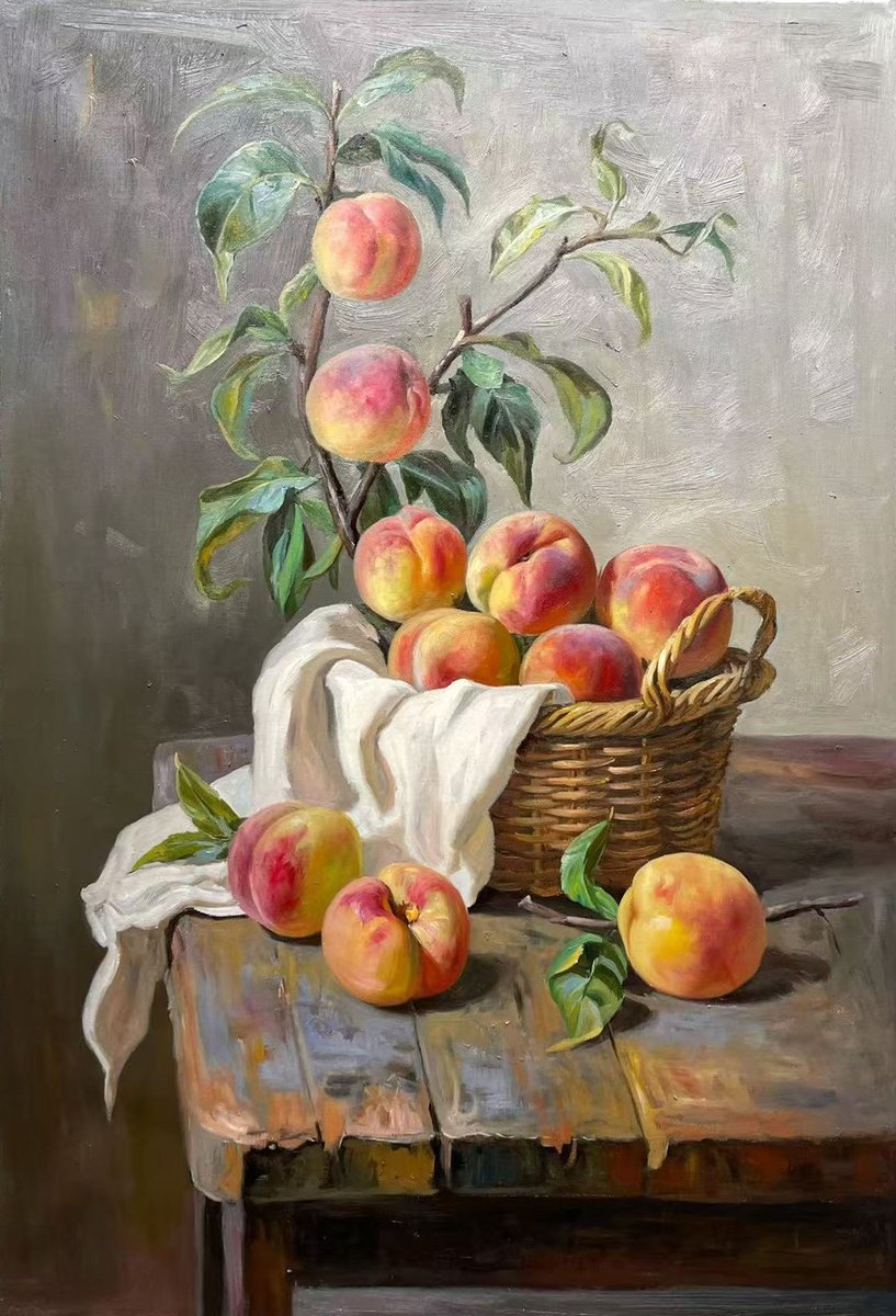 Photorealistic Still Life Oil Painting By Kunlong Wang, 24 X 35", Peaches In Basket, Original Artwork